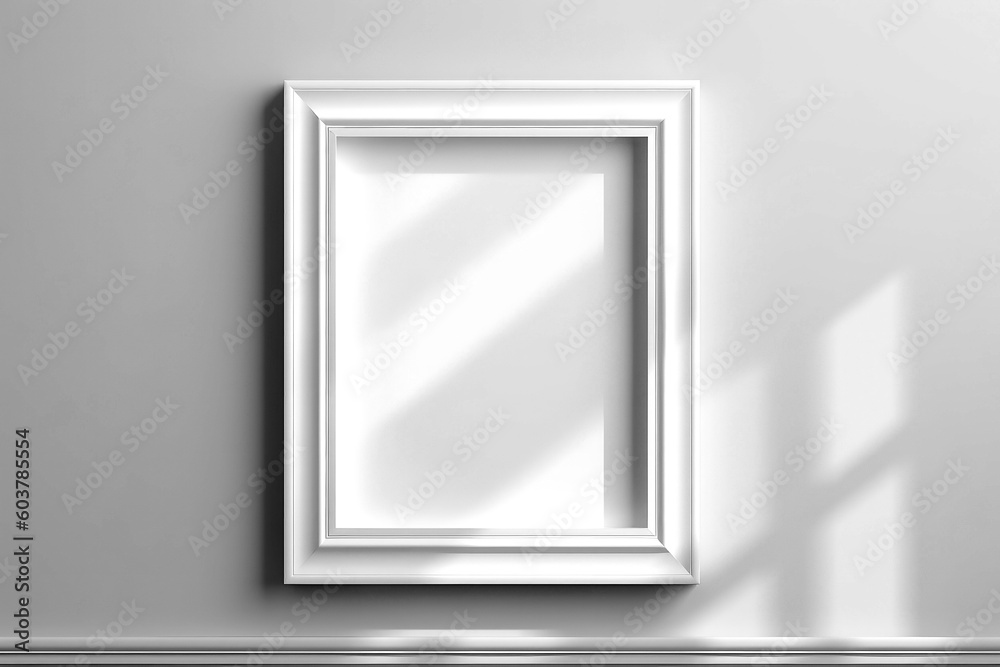 Generative AI illustration of Blank white wall with empty wooden frame,wide mockup Generative AI illustration of Blank white wall with empty wooden frame,wide mockup