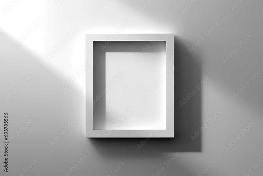 Generative AI illustration of Blank white wall with empty wooden frame,wide mockup Generative AI illustration of Blank white wall with empty wooden frame,wide mockup