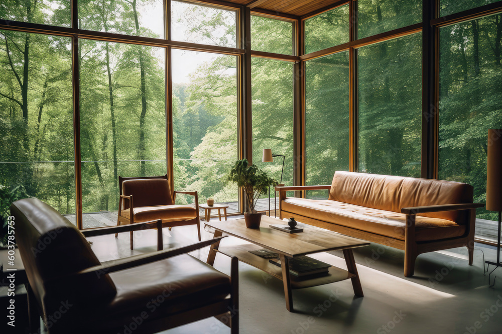 Generative AI illustration of a living-dining room with Nordic-style recycled wood furniture with glass walls overlooking the forest Generative AI illustration of a living-dining room with Nordic-style recycled wood furniture with glass walls overlooking the forest