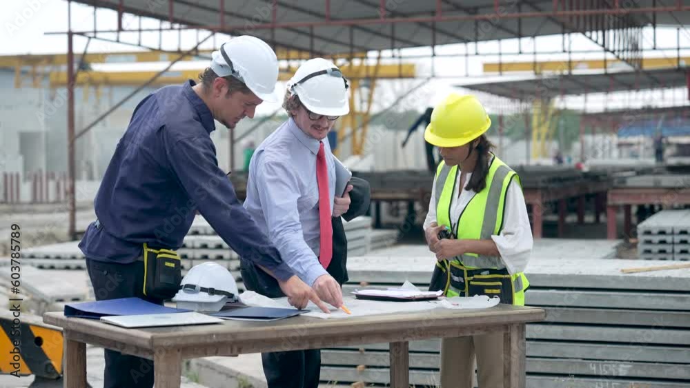 Team of construction engineers or contractors discuss job details and view construction progress at the production site. Team of construction engineers or contractors discuss job details and view construction progress at the production site.