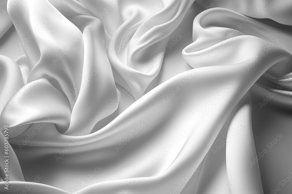 Fototapeta premium Generative AI illustration of Pure White satin fabric floating in the air from above view with movement on white background