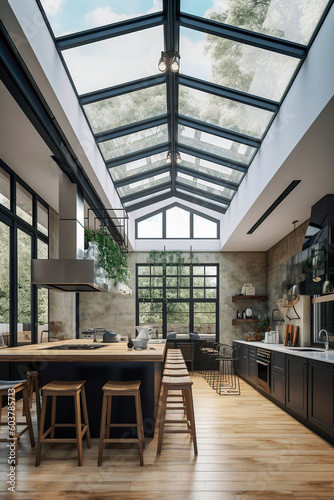Generative AI illustration of designed cozy kitchen with glass roof, light and spacious high ceiling two floors volume with reclaimed wood furniture