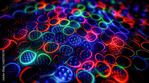 Abstract illustration of a neon light pattern creating a blurry pattern of shapes and colors. Generative AI