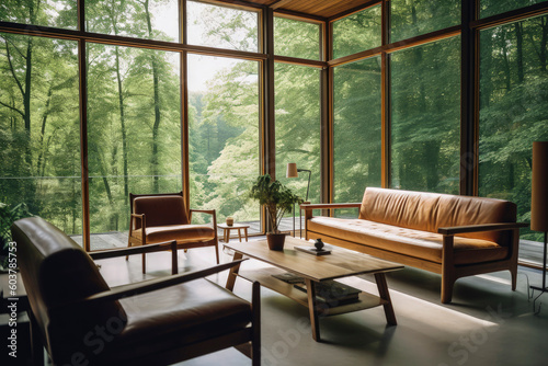 Generative AI illustration of a living-dining room with Nordic-style recycled wood furniture with glass walls overlooking the forest