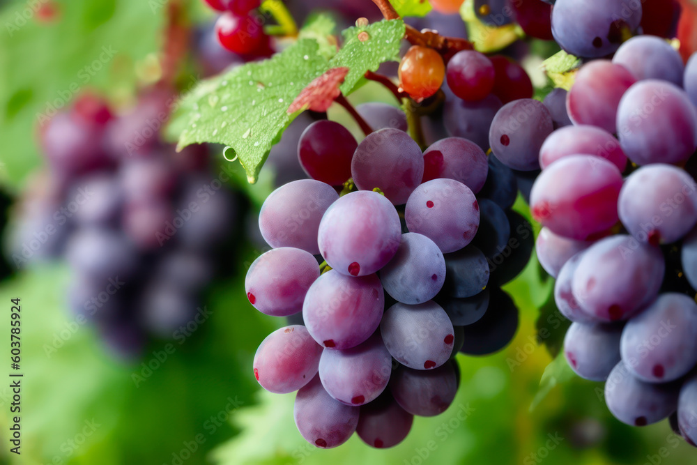 Macro photo of bright a bunch of red grapes on a vine with water drops. Wildlife concept of ecological environment. Generative AI