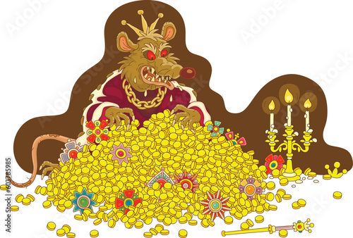 Rat king sitting on a large pile of gold coins and jewels from royal treasury and enjoying his incredible wealth, vector cartoon illustration isolated on a white background