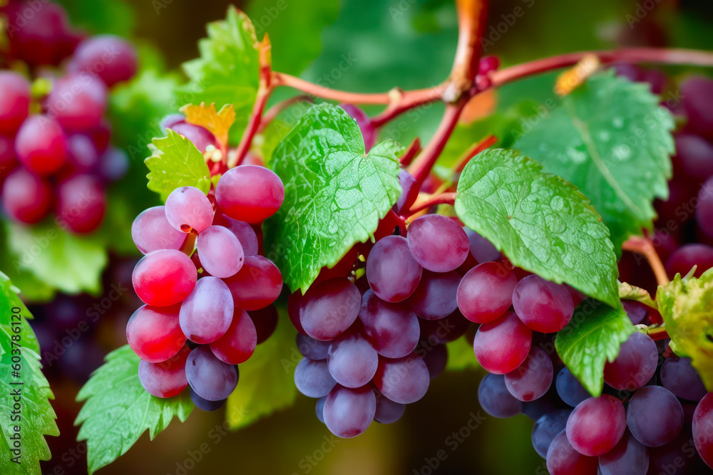 Macro photo of bright a bunch of red grapes on a vine with water drops. Wildlife concept of ecological environment. Generative AI Macro photo of bright a bunch of red grapes on a vine with water drops. Wildlife concept of ecological environment. Generative AI