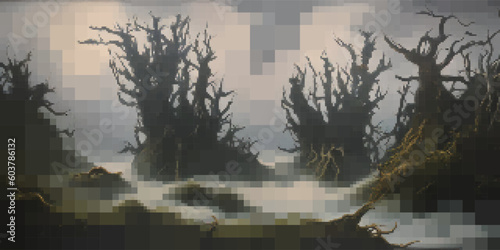 Nature landscape. Vector pixelated illustration. Rectangular design.