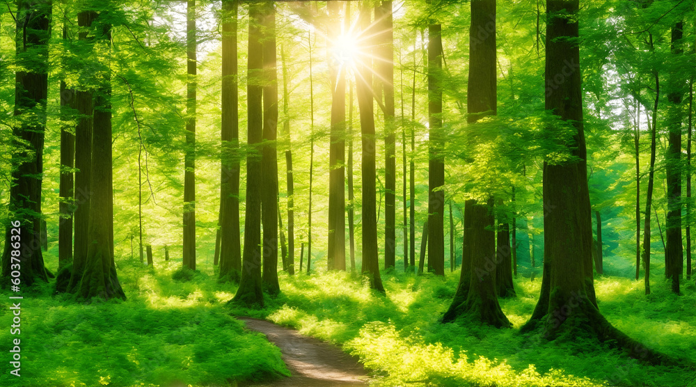 A peaceful summer day in a lush green forest, dappled with sunbeams and the tranquil sound of nature.