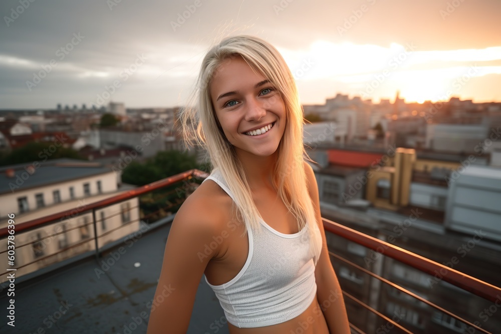 White haired teenage girl on a rooftop 004 (Generative AI)
