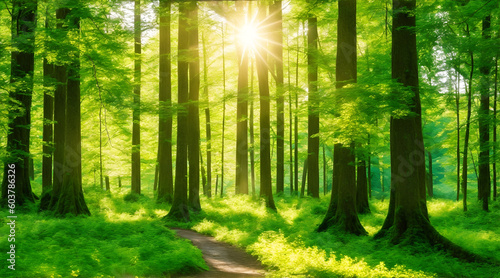 A peaceful summer day in a lush green forest  dappled with sunbeams and the tranquil sound of nature.