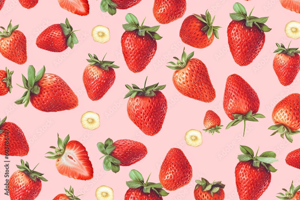 Seamless pattern with strawberries on a pink background. Created with Generative AI tools Seamless pattern with strawberries on a pink background. Created with Generative AI tools