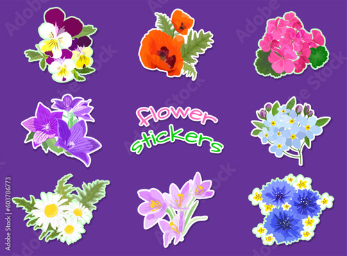 Set of flower stickers isolated on purple background with wild and indoor flowers