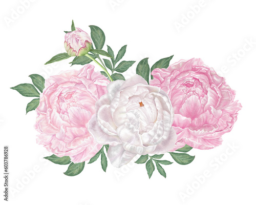 Floral bouquet of green leaves and flowers of white and pink peonies.