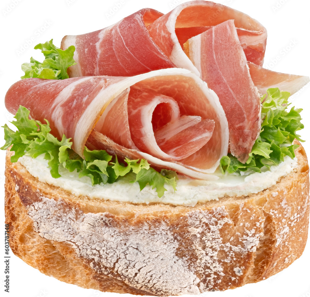 Baguette slice with smoked bacon rolls, toast with cream cheese and salad leaves, sandwich with pork brisket isolated on white background, full depth of field