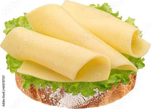 Fotografie Gouda slices on bread, cheese sandwich with salad leaves isolated on white backg