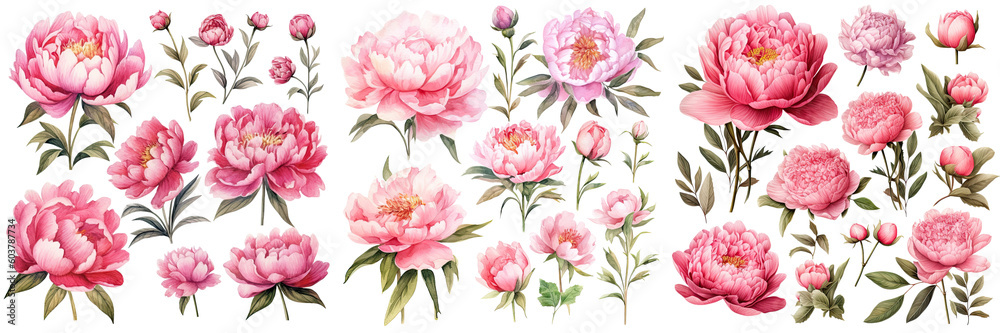 Set of Sweet pink peonies flower ,Watercolor collection of hand drawn flowers , Botanical plant illustration transparent background, PNG ,Generative AI - obrazy, fototapety, plakaty 
