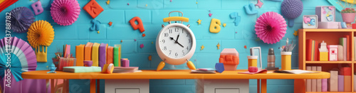Back to school concept with alarm clock on blue background, illustration, generative ia Generative AI