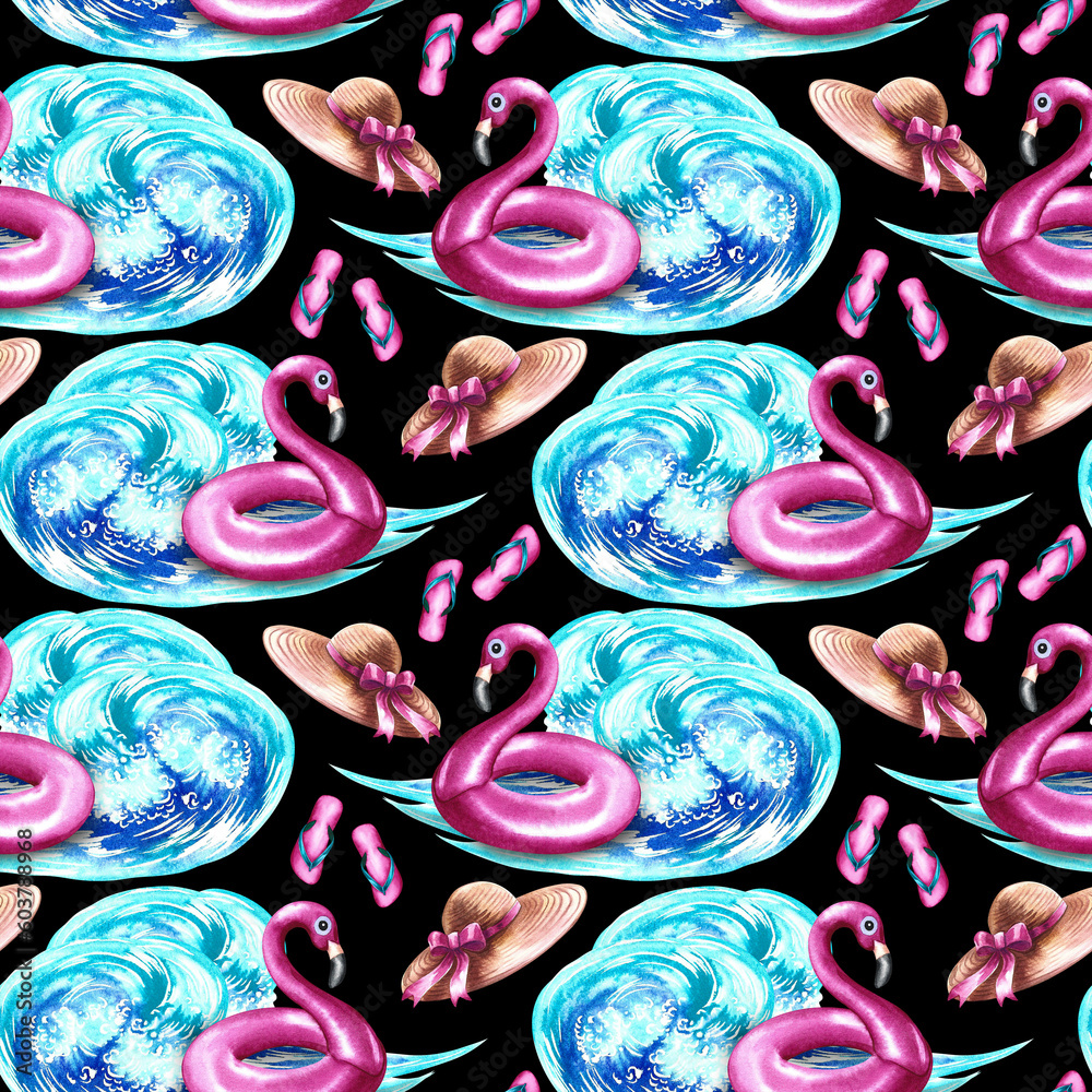 Seamless pattern with sea wave and beach holiday attributes. On a black ...