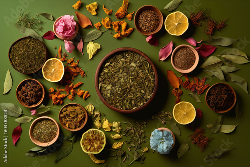 spices on a green flat lay