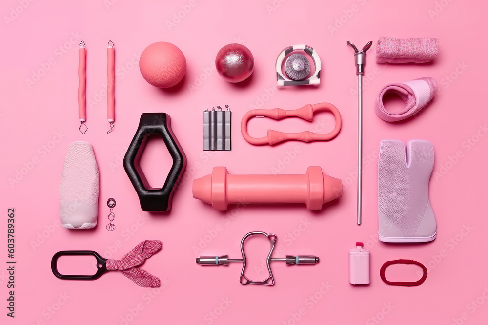 Fitness sport concept, pink background, top view flat lay. Generative AI. Fitness sport concept, pink background, top view flat lay. Generative AI.