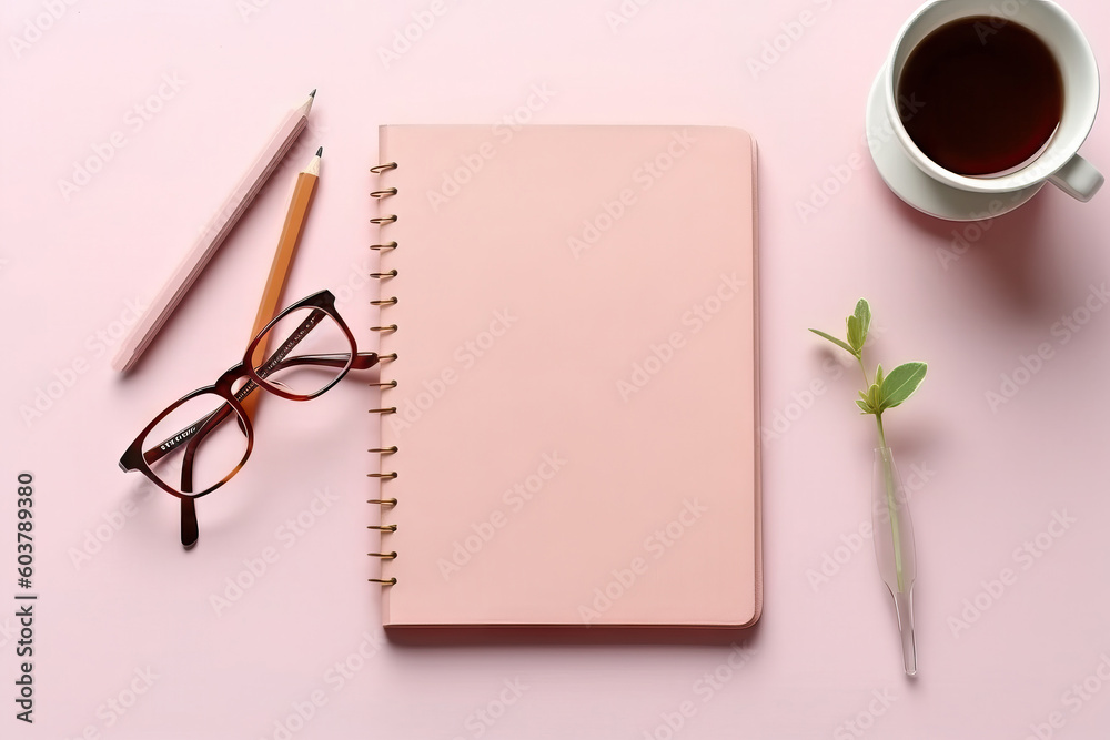 Flat lay blank paper sheet pink background, top view eyeglasses. Generative AI. Flat lay blank paper sheet pink background, top view eyeglasses. Generative AI.