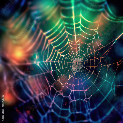 Abstract illustration of a shiny spider web on a colored background, creating a blurry pattern of lines and shapes. Generative AI © keks20034