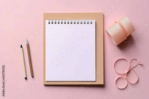 Flat lay blank paper sheet, notebooks, clips pink background. Generative AI.