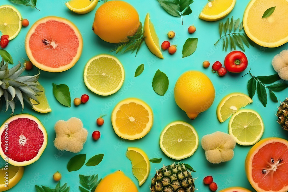 Summer background flat lay. Generative AI. Summer background flat lay. Generative AI.