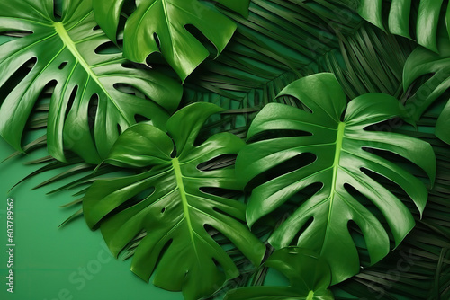 Tropical greenleaves Monstera background flat lay. Generative AI.