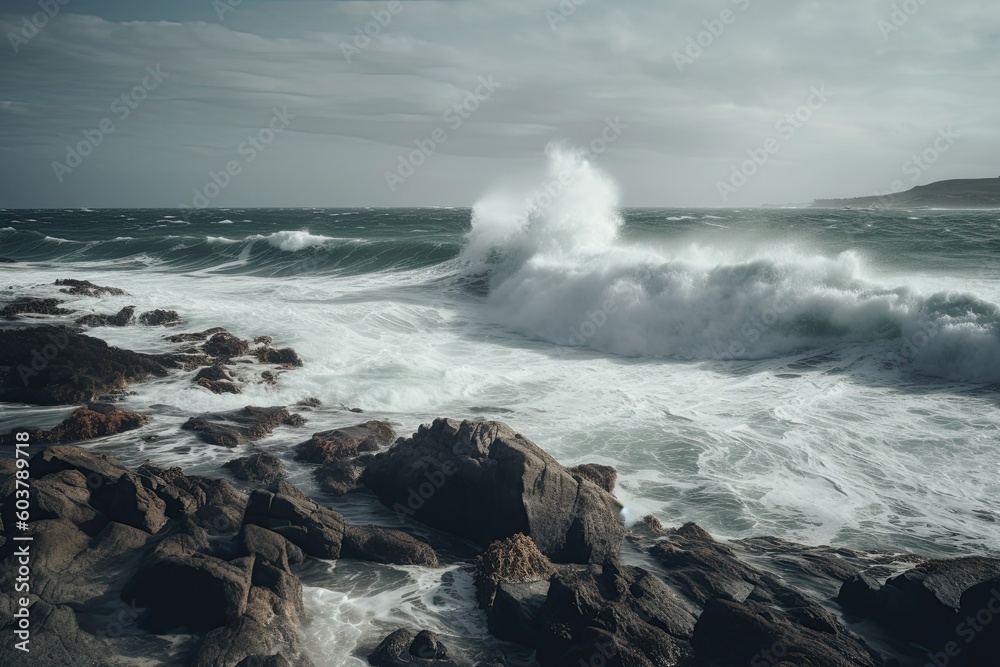 waves breaking on rocks, rough sea, sea waves, AI, generative AI, created with AI