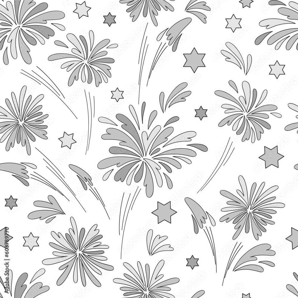 Happy New Year party silver fireworks vector seamless pattern. Winter holidays background. Festive seasonal surface design for packaging, scrap book, card making