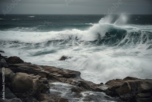 waves breaking on rocks, rough sea, sea waves, AI, generative AI, created with AI