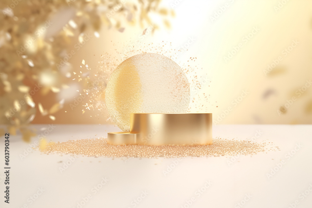 Abstract template concept. Soft gold podium with sparkle glitter bokeh background display. Mock up for product presentation. 3D rendering