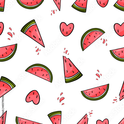 Cute summer seamless pattern with watermelon, watermelon slices and watermelon hearts. Great for menu design, packaging, banners or advertising. Vector illustration EPS10. isolated on white background