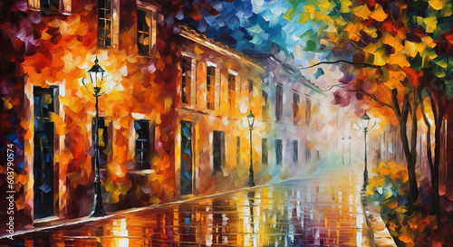 Vibrant Serenity: A Colorful Painting of a Well-Lit Village Street, Bathed in Warm Light, Beautifully Realized by Generative AI 