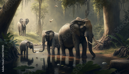 Animal Elephants drink water in a forest pond AI generated