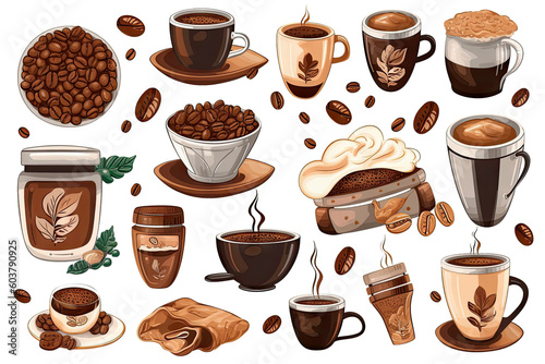 Wallpaper Mural Watercolor Coffee elements menu objects isolated on white background, various coffee cups in cafe shop, morning drinks espresso, cappuccino, delicious beverages clipart set, with Generative Ai. Torontodigital.ca