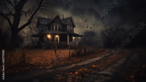 Scary and Haunted House on dark and spooky Halloween night using generative AI