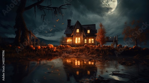 Haunted House on dark Halloween night using generative AI