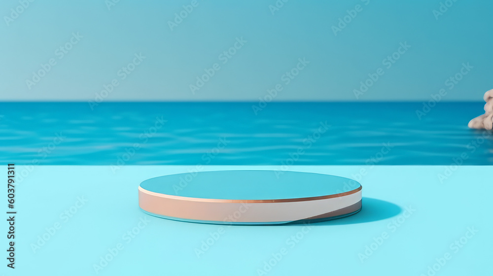 Abstract 3D Display Stand: Glass Podium on Blue Water Background. 3D Display Stand on Blue Water Background with Glass Podium Cosmetic Product Presentation. Generative AI illustration