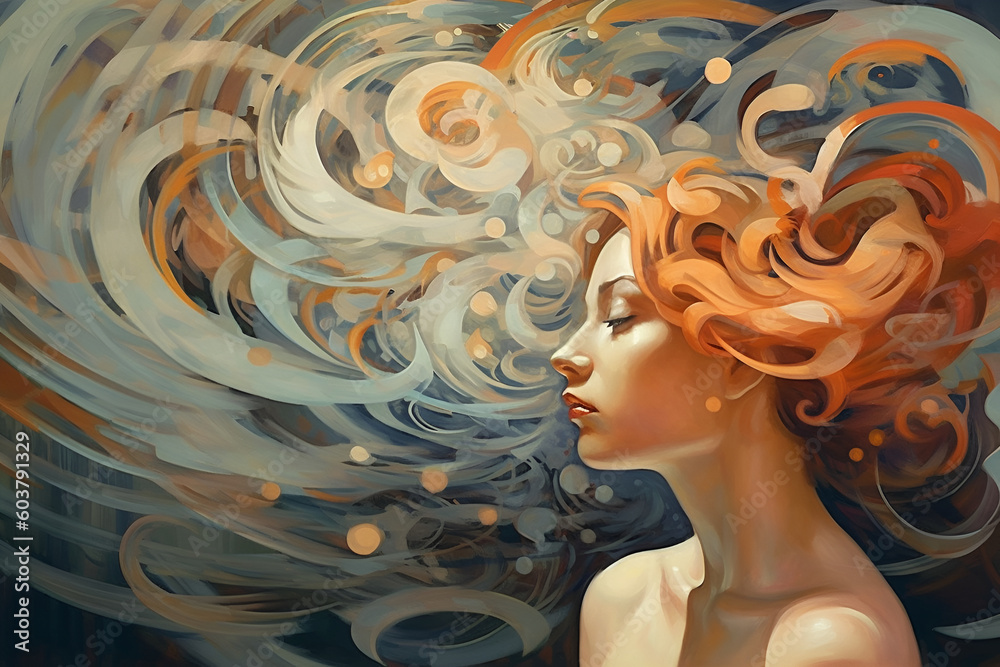 Continuous loops of thoughts and emotions. Girl with flowing hair. Psychic waves, mental, emotional, spiritual journey illustration. Generative AI.