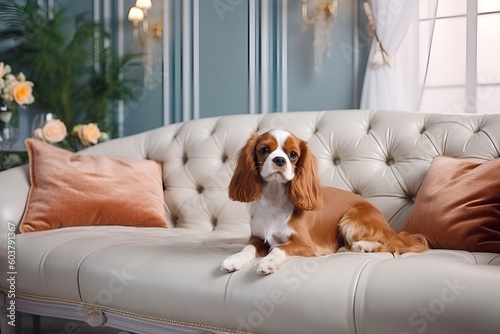 Cute Cavalier King Charles Spaniel lies on a sofa in a room with a beautiful modern interior. Generative AI.