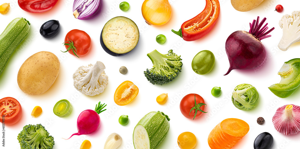 Vegetables, flat lay, top view, isolated on white background. Creative layout made of healthy food ingredients, fresh tomatoes, broccoli, olives, carrot, pepper, onion and zucchini slices Vegetables, flat lay, top view, isolated on white background. Creative layout made of healthy food ingredients, fresh tomatoes, broccoli, olives, carrot, pepper, onion and zucchini slices