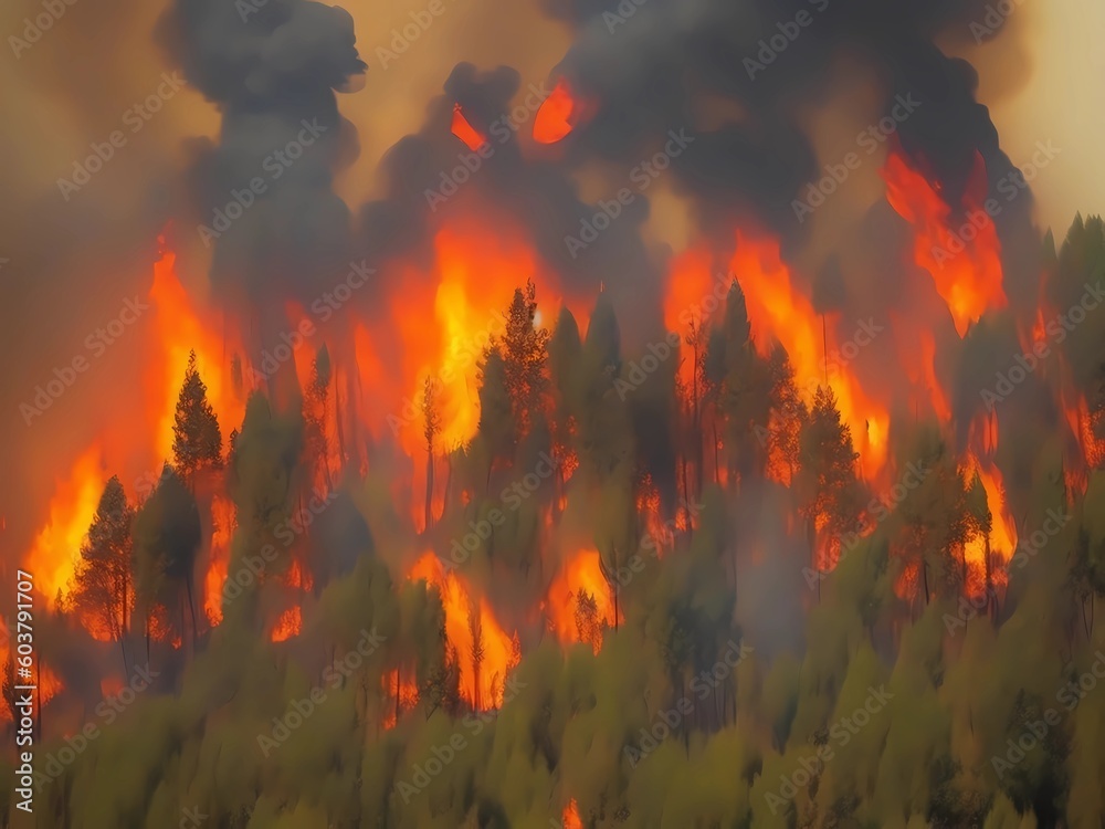 environmental pollution, uncontrolled deforestation, burning trees, forest fires in summer, forest fire, fire smoke, environmental problem, dramatic fire in a forest, sadness by generative ai