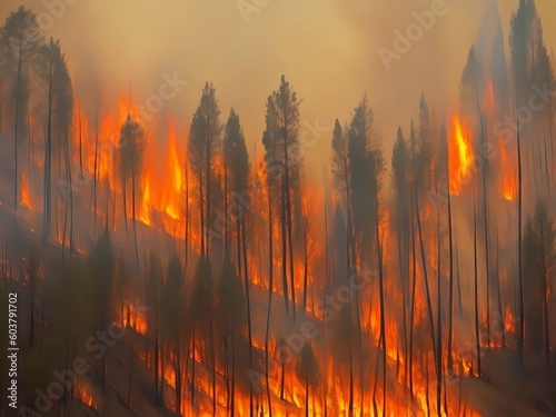 forest fires in summer  forest fire  burning trees  uncontrolled deforestation  environmental pollution  fire smoke  environmental problem  dramatic fire in a forest  sadness by generative ai