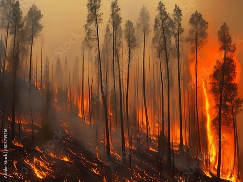forest fire, forest fires in summer, burning trees, uncontrolled deforestation, environmental pollution, fire smoke, environmental problem, dramatic fire in a forest, sadness by generative ai