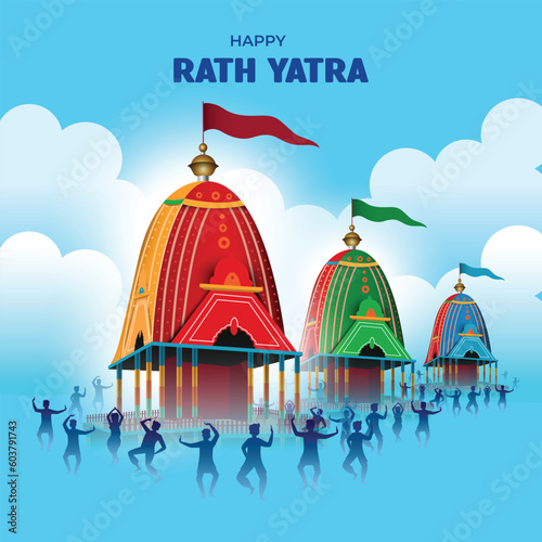 illustration for Indian festival With happy Chariot Journey, temple on chariot with wheel and shiny background with sky, rath yatra