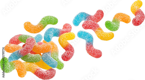 Falling sour gummy worms isolated on white background, full depth of field photo