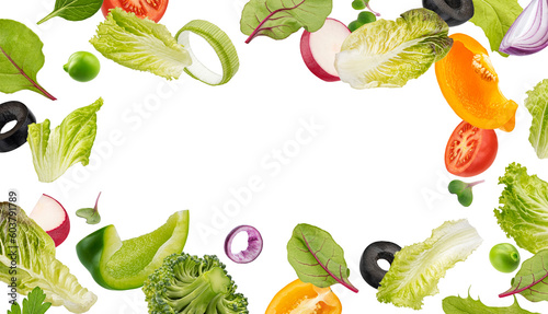 Fototapeta Naklejka Na Ścianę i Meble -  Frame of fresh vegetables, lettuce leaves, healthy ingredients for detox, with copy space